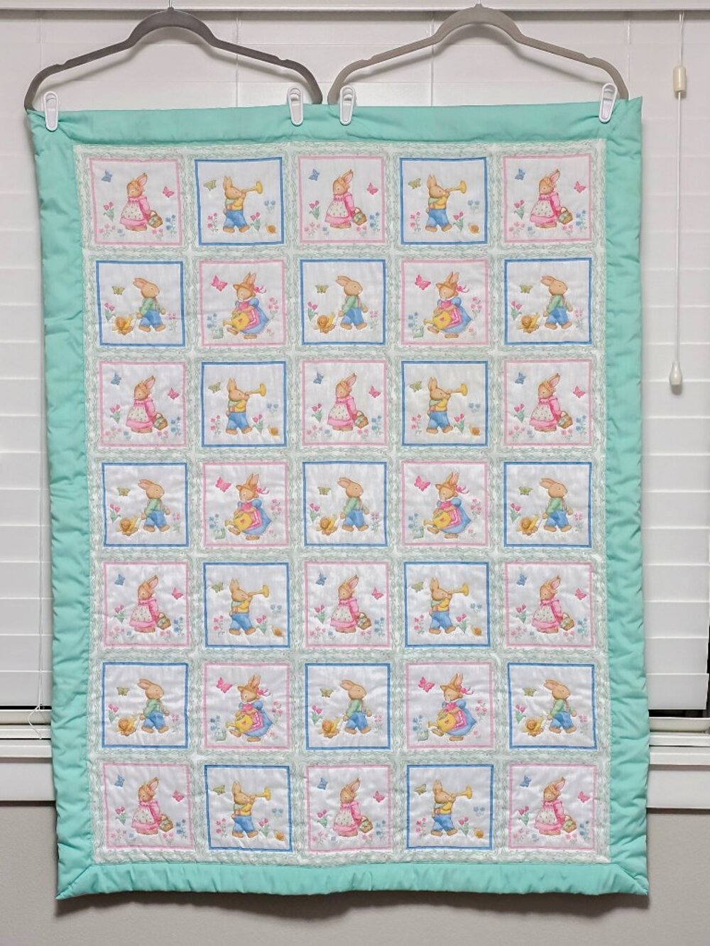 VTG 1990s Handmade Baby Quilt Cottagecore Bunny Rabbit Embroidery Blanket